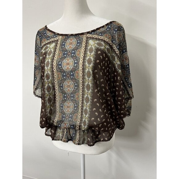 Vtg Y2K MUDD Large Sheer Blouse Top Brown Floral Western Prairie Boho Grunge - Picture 2 of 5